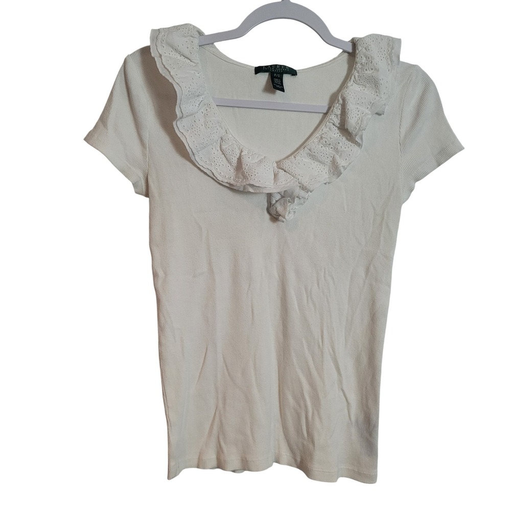 Lauren Ralph Lauren Petite White Eyelet Ruffle V-Neck Ribbed Knit Top P/S Cotton
